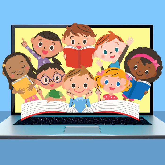 image of laptop with diverse kids reading popping out of the screen