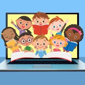 image of laptop with diverse kids reading popping out of the screen