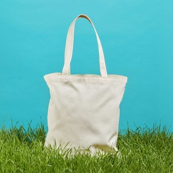 reusable plain canvas tote bag in grass on blue background