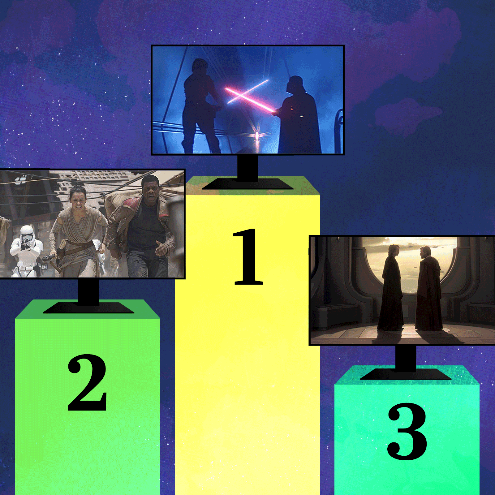 Three pedestals with screen images of star wars movies on each one