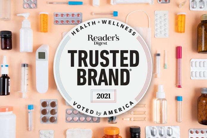 health and wellness products on peach background with 2021 Trusted Brands logo