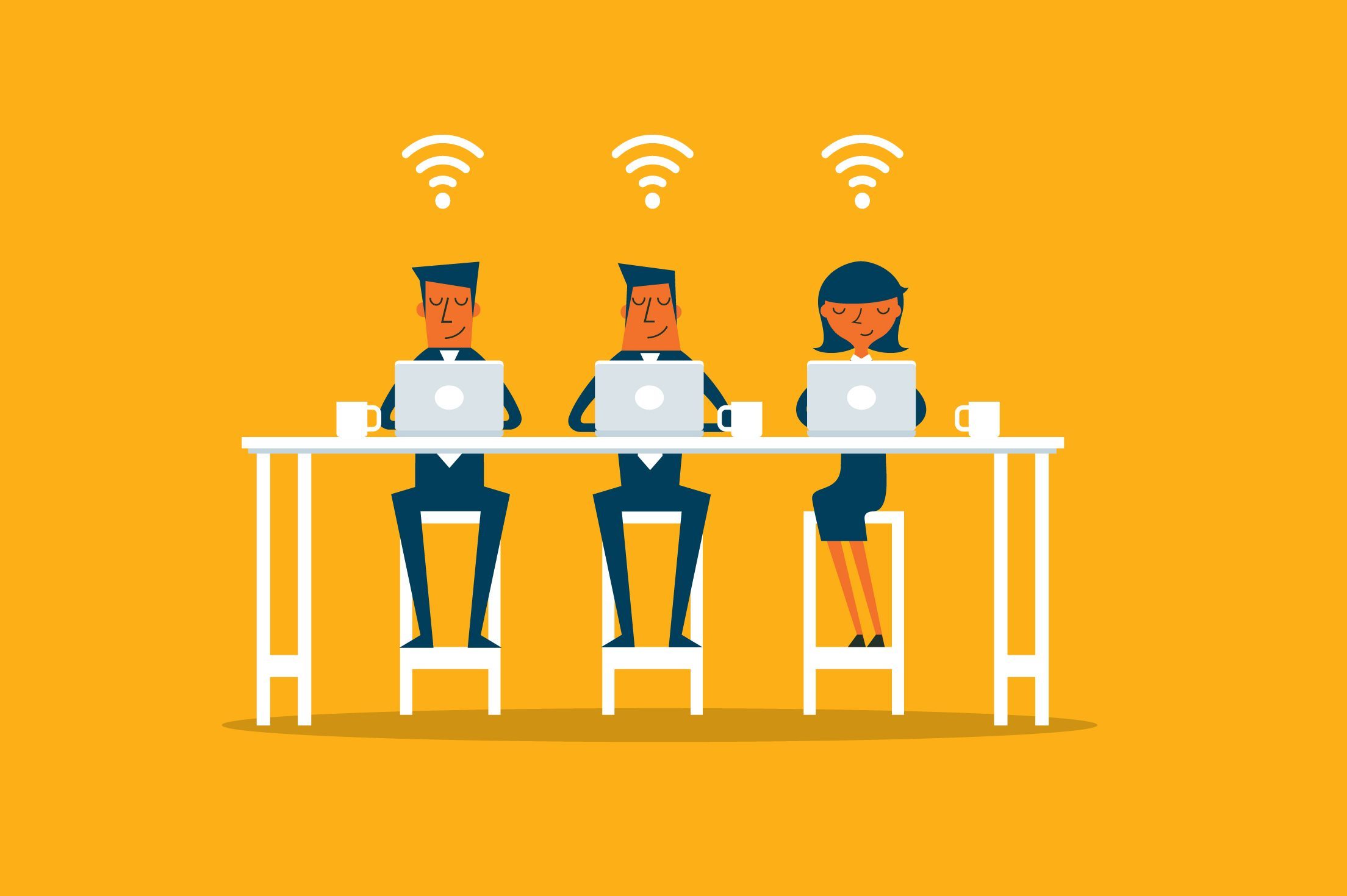 illustration of three people sitting on laptops at one long table