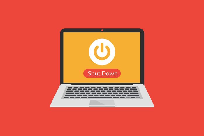 illustration of laptop with shut down screen, red background