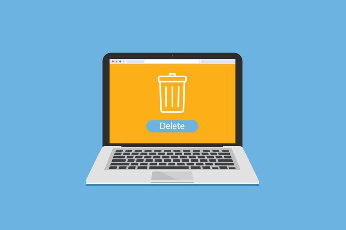 illustration of a laptop with an open browser Window and a trashcan for deleting files