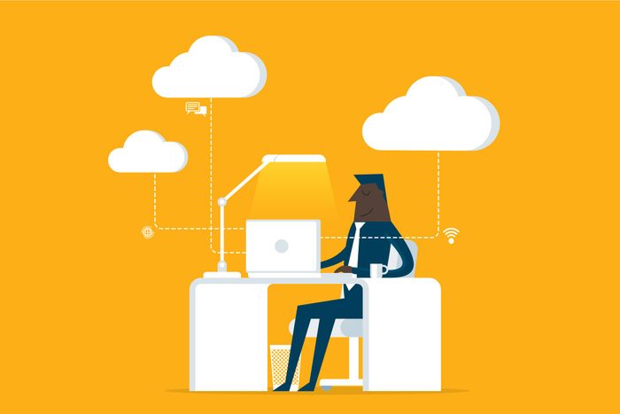 illustration of a man baking up computer data to the cloud, yellow background