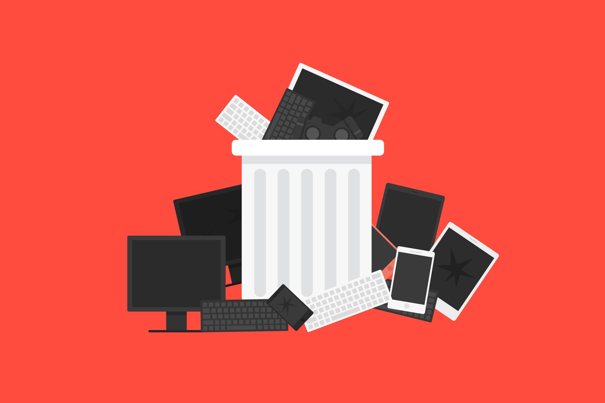 illustration of old electronics in a garbage can, red background