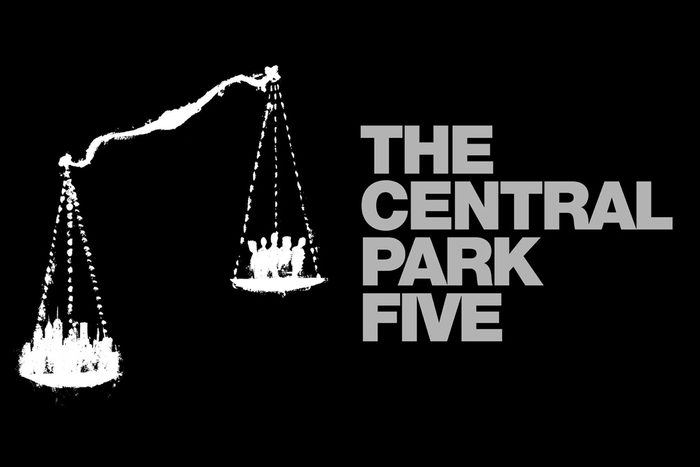 Double pan scale with city weighing down shadow of five individuals next to the text "The Central Park Five"