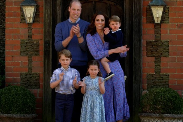 Prince William, Duke of Cambridge, Catherine Duchess of Cambridge, Prince George of Cambridge, Princess Charlotte of Cambridge and Prince Louis of Cambridge clap for NHS carers as part of the BBC Children In Need and Comic Relief 'Big Night In at London on April 23, 2020 in London, England.