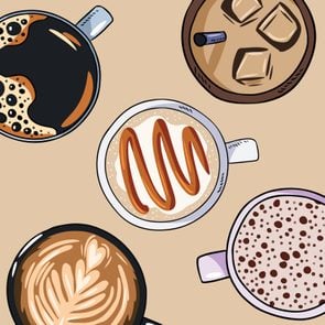 five cups of specialty coffee illustrated on taupe background