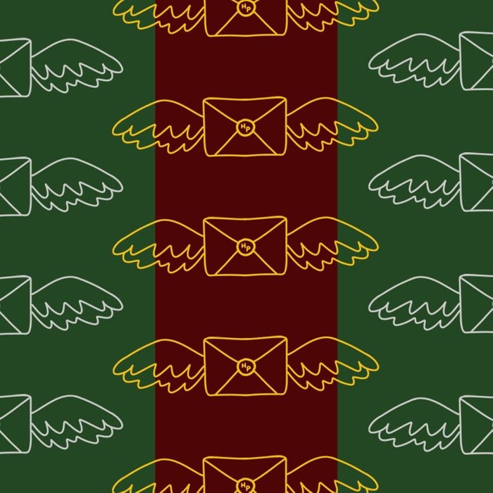 Harry Potter envelopes with flying wings on garnet and green background