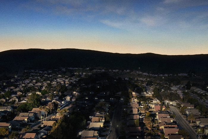 View looking down on suburb at dusk