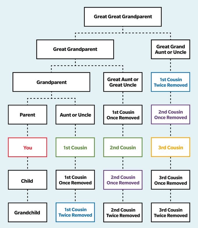 Family Tree Chart Showing Cousins Once and Twice Removed