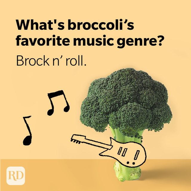 Broccoli stalk playing guitar with music notes