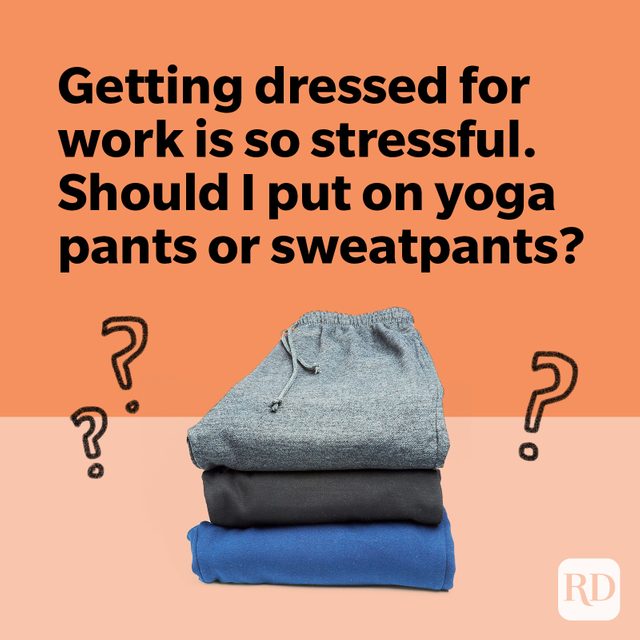 Stack of yoga pants and sweatpants with question marks