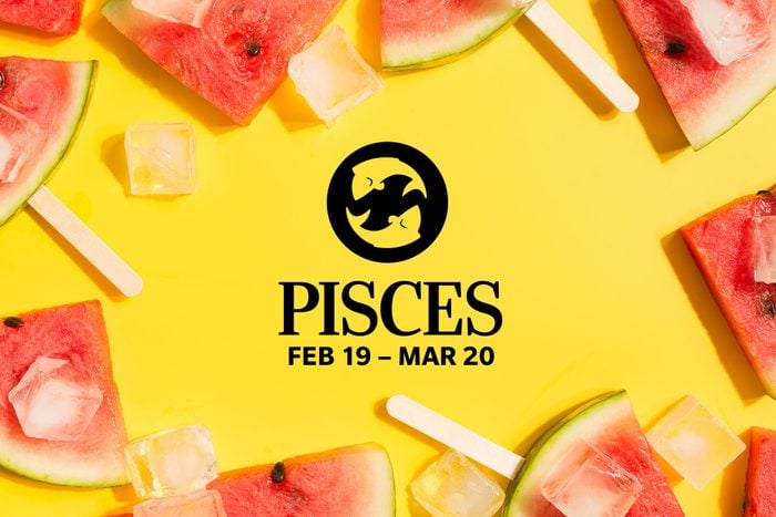 Pisces symbol and dates over summery background