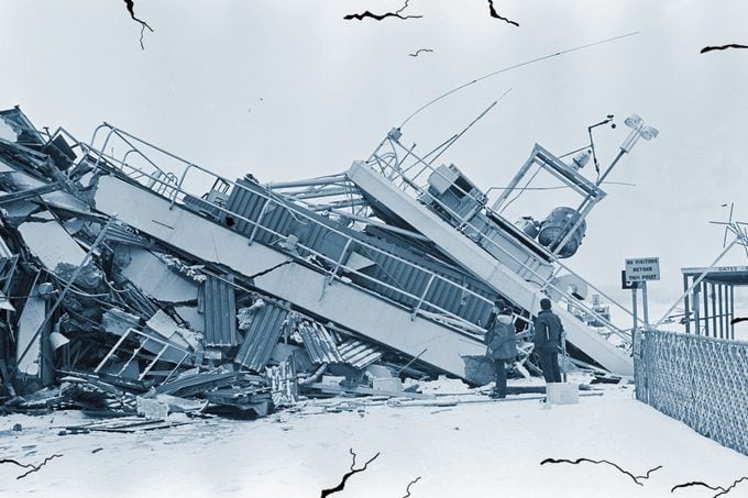 View of a collapsed building at Anchorage International Airport after a tremendous