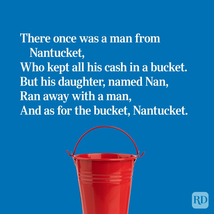 Example of a limerick on a blue background with a red bucket