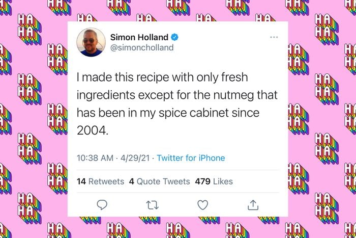 funny tweet over pink background with "ha ha" text