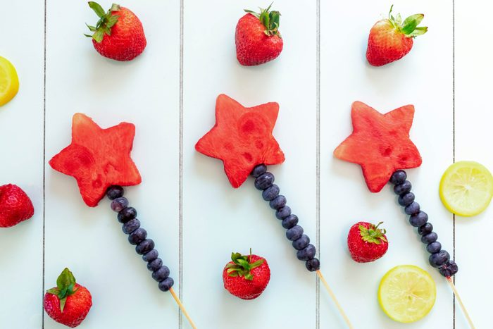 Star shaped fruit kabobs with watermelon stars and blueberries