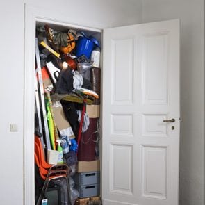 A closet stuffed with various storage items