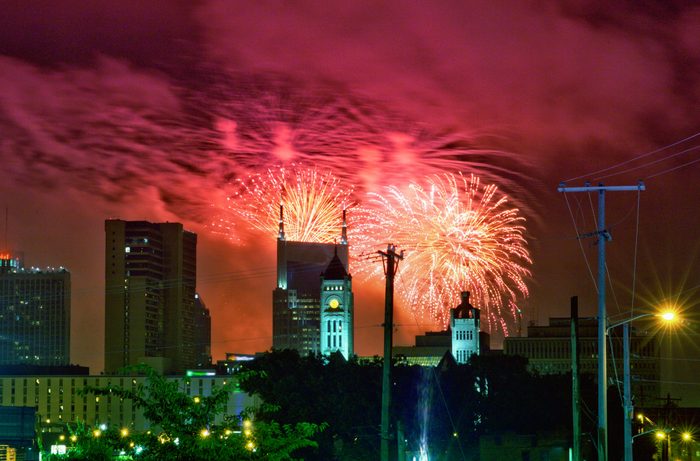 An aerial view of fireworks in Nashville, Tennessee in 2013