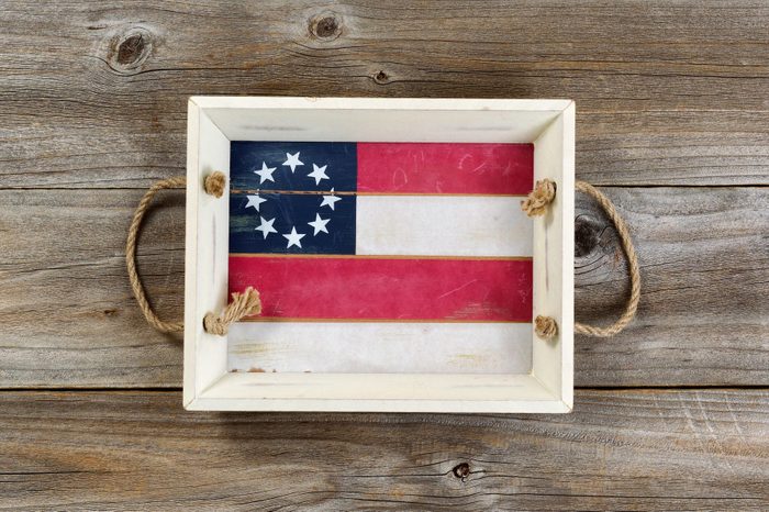 american flag painted tray on wood background