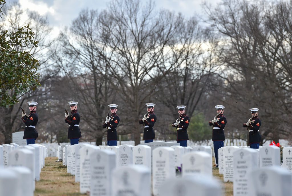 ARLINGTON, VA - JANUARY 23: The Marines firing squad salutes re