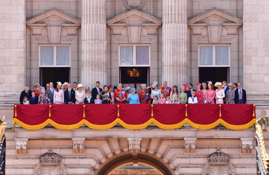 Queen Elizabeth II and members of the British Royal family stand on the balcony of Buckingham Palace during the Trooping the Colour parade on June 9, 2018 in London, England.