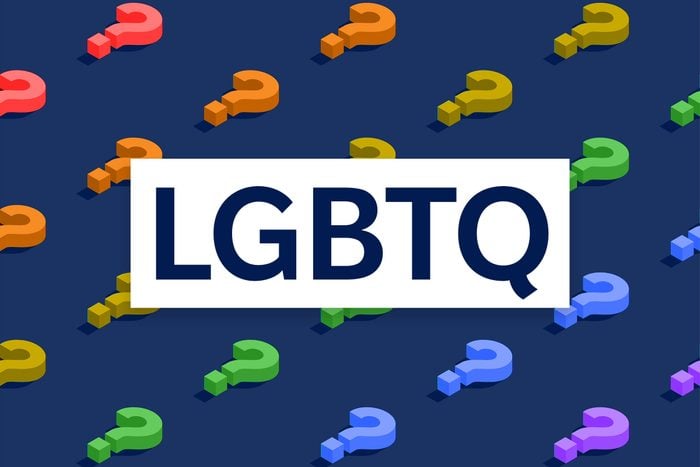 LGBTQ letters over rainbow question mark background