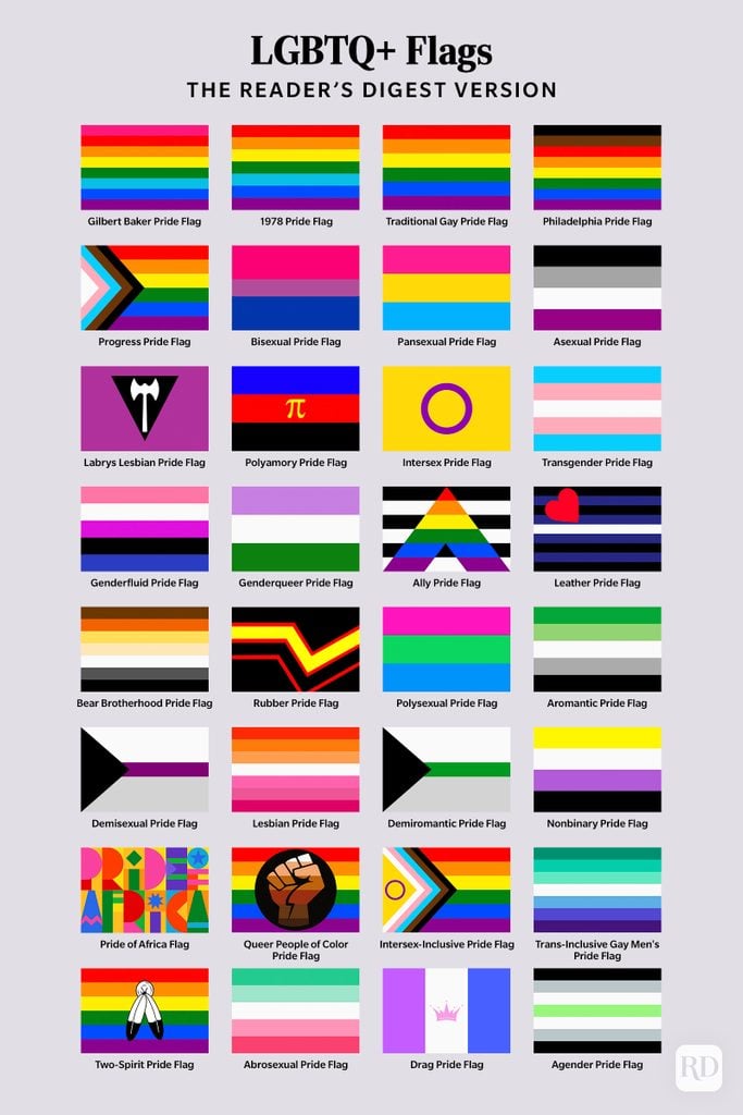 Infographic showing 32 LGBTQ+ pride flags and their meanings