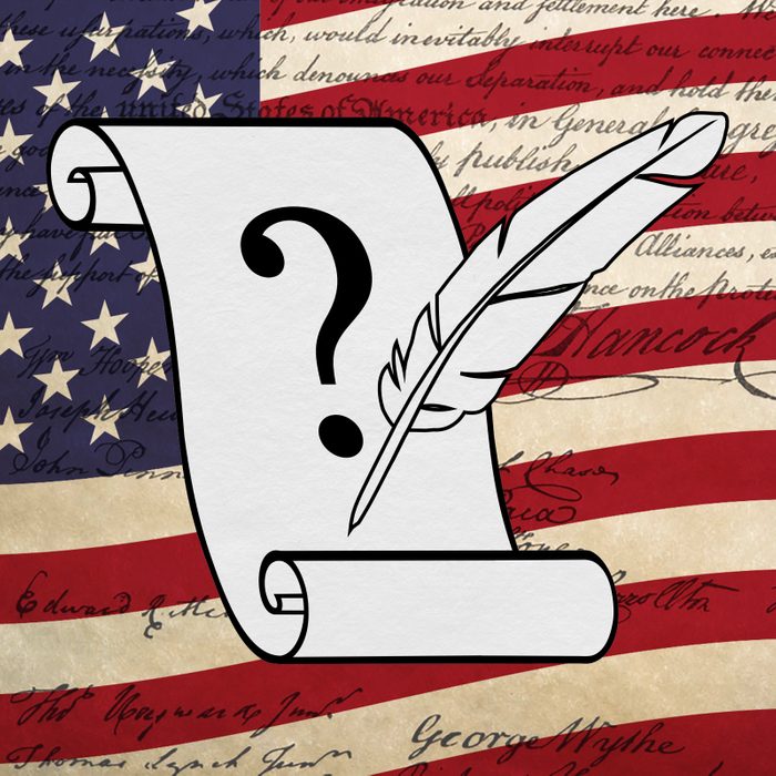 Question mark on scroll with quill, on a background of the Declaration Of Independence Signatures and American flag