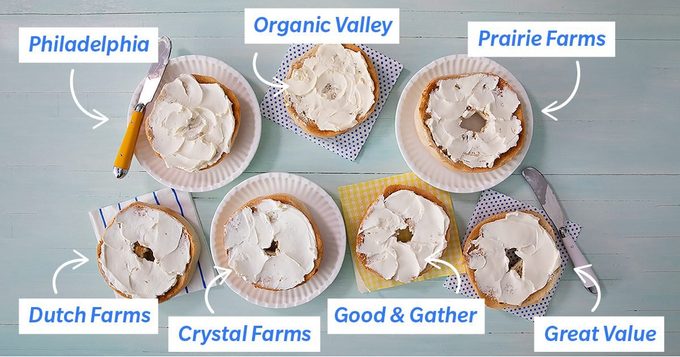 Cream Cheese on bagels with different brands labeled