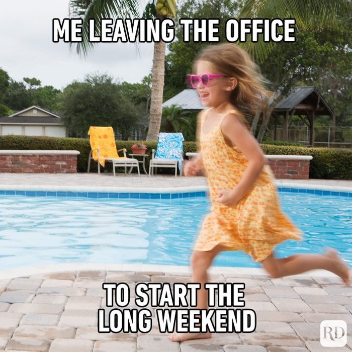 Meme text: me leaving the office to start the long weekend