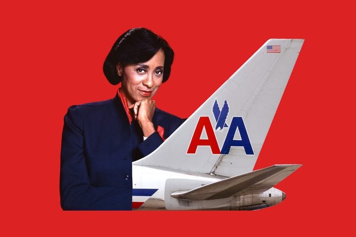 Marla Gibbs portrait collaged with the tail fin of an american airlines plane