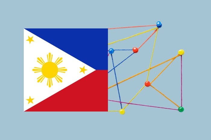 Phillipines flag collaged with pins connected with colorful string
