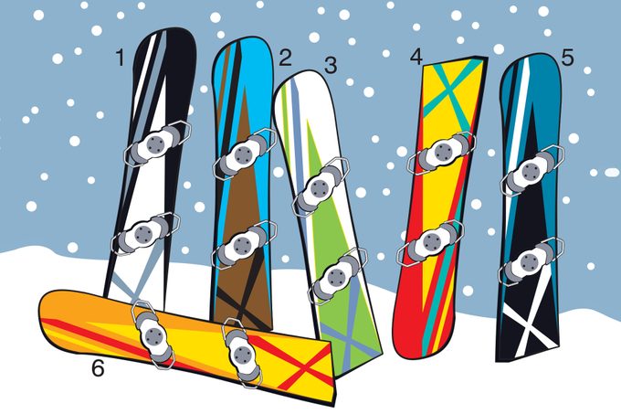 Ilustração de seis snowboards numerados na neve.