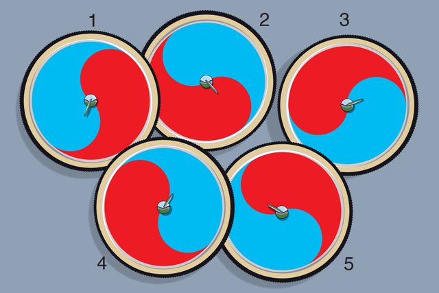 Illustration of five red and blue wheels on gray background