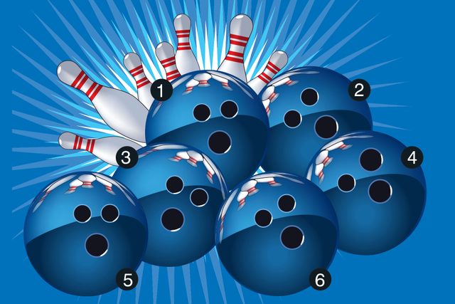 Illustration of numbered bowling balls and pins on blue background
