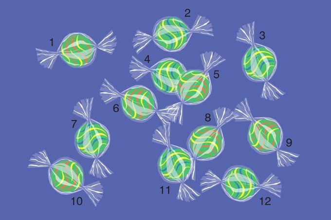 Ilustración de caramelos numerados sobre un fondo azul.