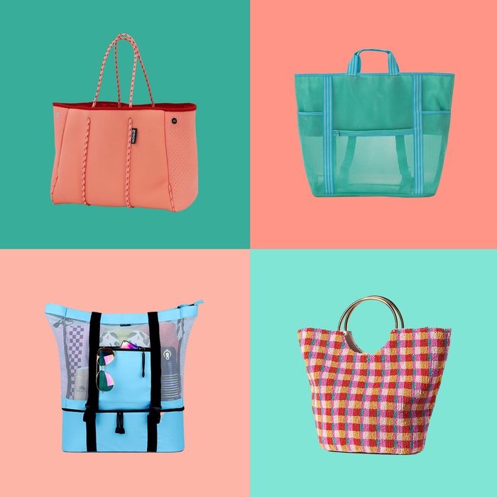 4 Cute Summer Beach Bags on pink and green square colored backgrounds