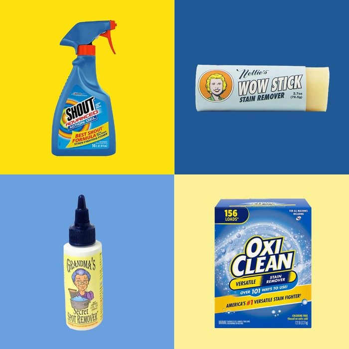 4 stain removers on yellow and blue backgrounds