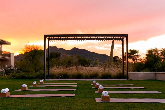 mats set up for an outdoor sunset yoga class at Civana Wellness Resort And Spa, Arizona