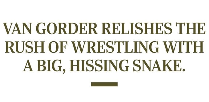 Pull quote reads "Van Gorder relishes the rush of wrestling with a big, hissing snake."
