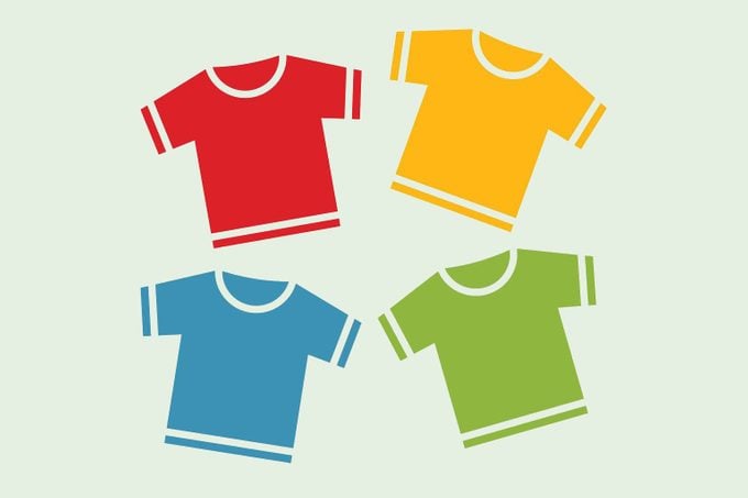 Four t-shirts of various colors: red, yellow, blue, and green