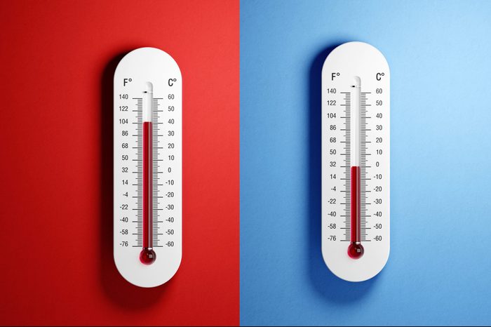 Thermometers with high and low temperatures on red and blue backgrounds.