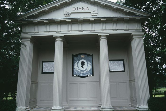 The memorial on the island in a lake on the Althorp estate, where Diana, Princess of Wales (1961-1997), was laid to rest