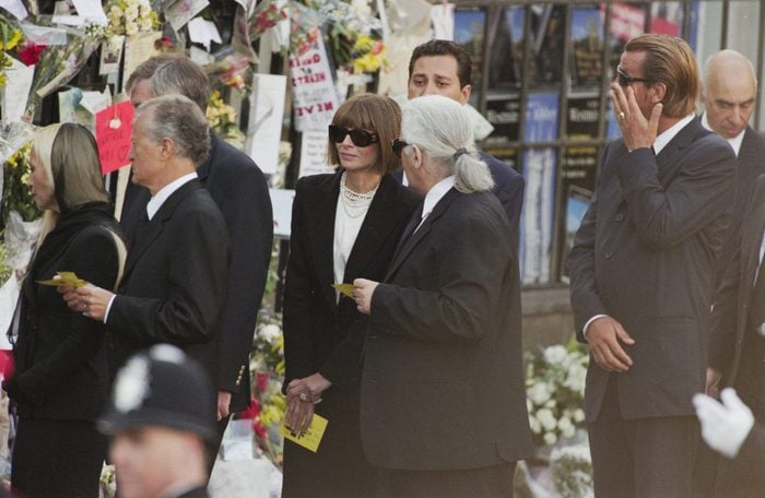 British-American journalist and editor Anna Wintour and German fashion designer Karl Lagerfeld (1933-2019) among the mourners attending the funeral service for Diana, Princess of Wales