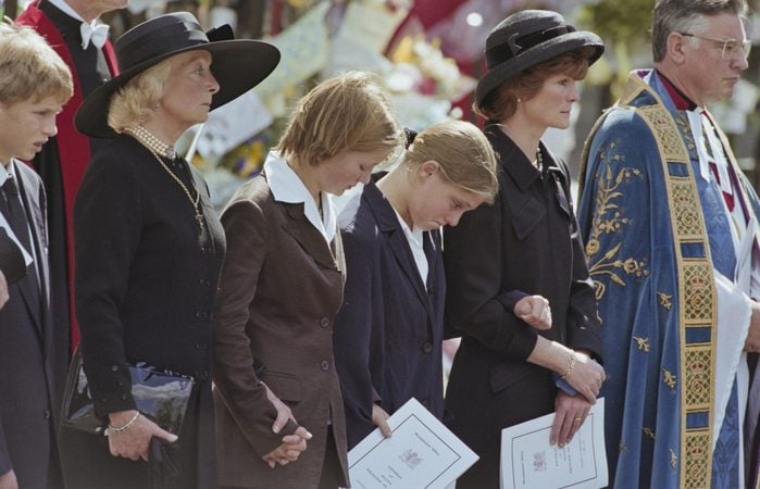 Frances Shand Kydd (1936-2004), mother of Diana, Princess of Wales (1961-1997), Eleanor Fellowes, Laura Fellowes, and Diana's sister Lady Sarah McCorquodale attending the Princess's funeral service