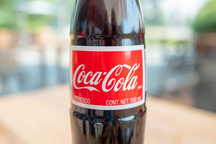 Close-up of glass bottle of Coca Cola beverage, aka Mexican Coke, San Ramon, California, August 19, 2020.