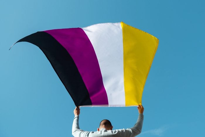 person, seen from behind, waving a non-binary pride flag